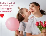 Bambina bacia la mamma, regalandole fiori e un palloncino. Un augurio speciale: buon compleanno mamma!