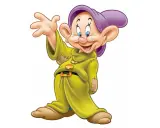 Uno dei 7 nani, con cappello viola e tunica gialla, saluta allegramente.