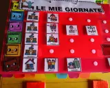 Un'agenda visiva per l'autismo con icone per scuola, sport, spesa, medico, parco, festa, casa, amici e viaggio.