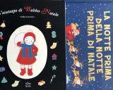 Copertine di libri natalizi: "L'aiutante di Babbo Natale" con un bambino e simboli festivi, e "La notte prima di Natale" con un orso su una slitta trainata da renne.