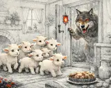Il lupo cattivo spia i sette capretti innocenti, pronti a fare uno spuntino.