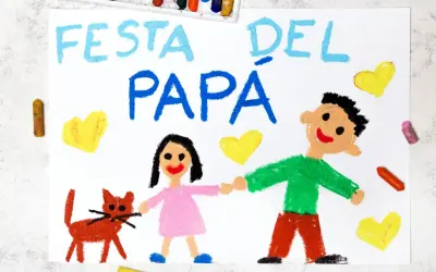 Disegno per la Festa del Papà: "Festa del Papà" scritto in azzurro e blu, con un bambino, una bambina e un gatto. Perfetto per lavoretti per la festa del papà facili.