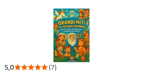Copertina di libro con personaggi mitologici greci e un Pegaso, ideale per scoprire leggende per bambini e colorare.