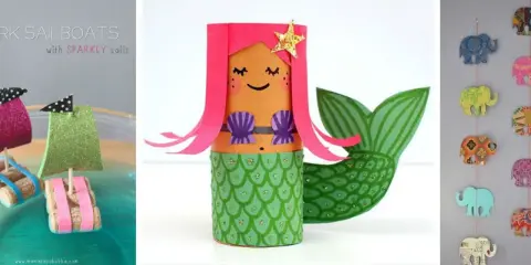 Lavoretti per bambini autistici: barchette scintillanti, sirena di cartone e simpatici elefanti colorati da appendere.