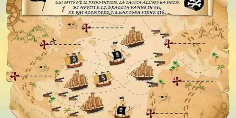 Mappa per una caccia al tesoro per bambini con navi pirata, cannoni e indizi. Risolvi gli enigmi per trovare il tesoro!