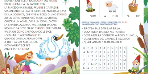 Daniela cerca lo stagno, ma si perde. Un cigno la aiuta. La storia è ricca di parole con GN e NI, perfetta per racconti brevi facili.