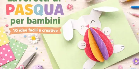 Lavoretti di Pasqua con cartoncino: un coniglietto bianco tiene un uovo colorato in 3D. Materiali per creare 10 idee facili.