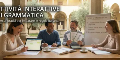 Persone sorridenti partecipano a giochi di grammatica interattivi, imparando verbi e preposizioni con esercizi pratici.