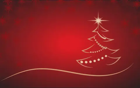 Un albero di Natale stilizzato con luci e una stella in cima, su uno sfondo rosso con fiocchi di neve. Una storia sul Natale.