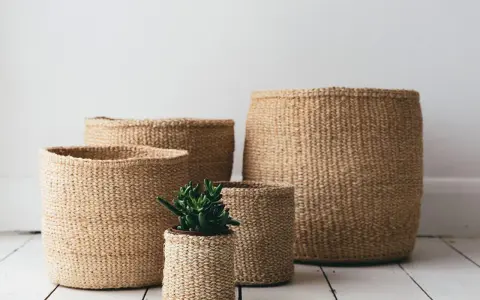 Ceste di vimini di varie dimensioni, una con una piantina. Idee per come abbellire una cesta di vimini con stile naturale.