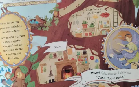 Illustrazione di una casa sull'albero con cucina, laboratorio di giardinaggio e una fata che cucina. Un gatto magico osserva da un ramo.