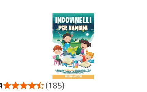 Copertina del libro "Indovinelli per bambini" con bambini che leggono e imparano, ideale per 50 indovinelli facili con risposta.