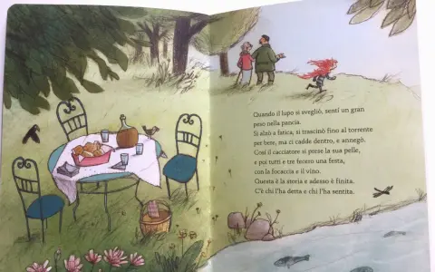 Illustrazione di fiabe famose: un tavolo apparecchiato in giardino, un fiume con pesci e personaggi che corrono.
