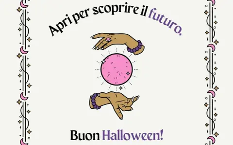 Mani che sfiorano una sfera di cristallo rosa, con la scritta "Apri per scoprire il futuro". Perfetto per frasi per Halloween in rima! Buon Halloween!
