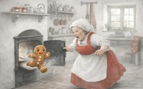 L'omino di pan di zenzero fugge dal forno, sorpreso dalla nonna. Una scena da favole per bambini.