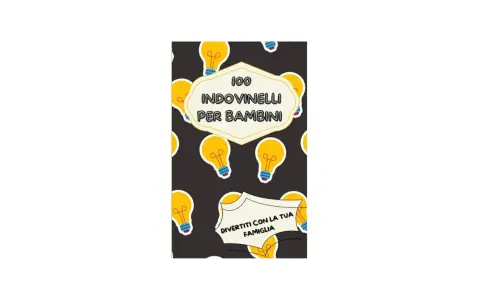 Copertina di "100 indovinelli con risposta per bambini", con lampadine gialle su sfondo scuro. Divertimento in famiglia assicurato!