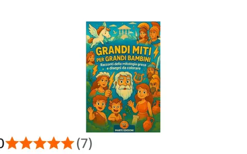 Copertina di libro con personaggi mitologici greci e un Pegaso, ideale per scoprire leggende per bambini e colorare.