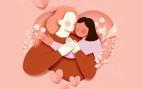 Abbraccio tra mamma e figlia, un'immagine che evoca le più belle frasi mamma e figlia, con cuori e fiori in stile paper art.