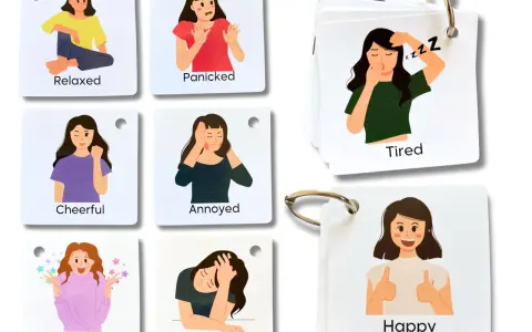 Carte illustrate per esplorare il materiale delle emozioni, utili per l'autismo. Mostrano espressioni come felice, triste, stanco, ecc.