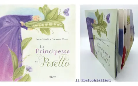 Copertina del libro "La Principessa sul Pisello" con un'illustrazione di una principessa dai capelli azzurri che abbraccia un baccello di piselli.