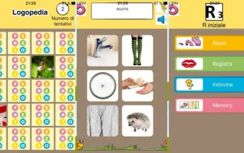 App per esercizi di logopedia per bambini di 3 anni: memory, ripeti, registra e indovina con immagini come ruota, rubinetto e riccio.