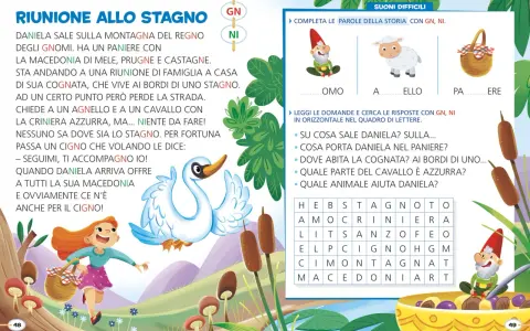 Daniela cerca lo stagno, ma si perde. Un cigno la aiuta. La storia è ricca di parole con GN e NI, perfetta per racconti brevi facili.