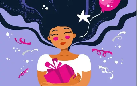 Una ragazza con lunghi capelli scuri abbraccia un regalo rosa, circondata da coriandoli e un palloncino. Perfetto per auguri di buon compleanno frasi semplici.