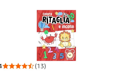 Libro "Colora, Ritaglia e Incolla" con simpatici disegni di un granchio, un leone, numeri e un orologio. Attività di ritaglio per bambini.