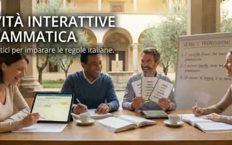 Persone sorridenti partecipano a giochi di grammatica interattivi, imparando verbi e preposizioni con esercizi pratici.