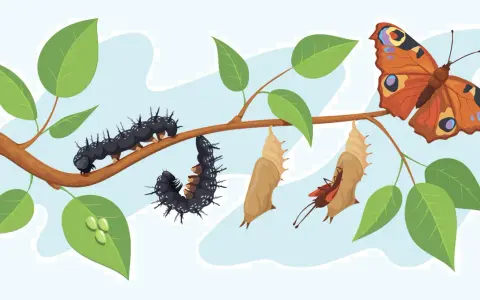 Il ciclo vitale di una farfalla: bruchi, crisalidi e una farfalla colorata, come in Alice nel Paese delle Meraviglie.