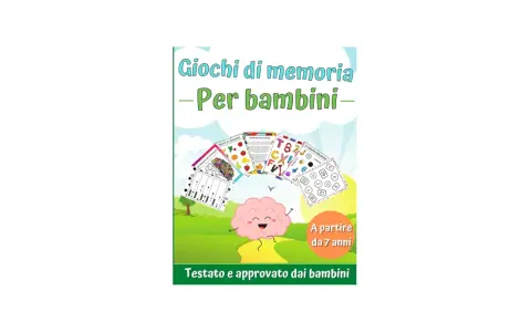 Copertina di "Giochi di memoria per bambini" con un cervello sorridente e varie schede di attività, ideali per allenare la mente.