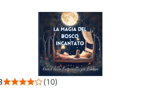 Un bambino dorme in un letto nel buio, sotto la luna piena, in un bosco incantato. Buonanotte bosco incantato.