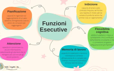 Schema delle funzioni esecutive: pianificazione, attenzione, memoria di lavoro, inibizione e flessibilità cognitiva. Esercizi per potenziarle.