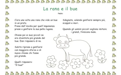 La rana e il bue, una delle brevi fiabe scuola primaria, narra di una rana che invidia un bue e tenta di gonfiarsi per essergli pari, finendo per scoppiare.