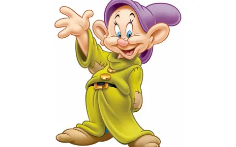 Uno dei 7 nani, con cappello viola e tunica gialla, saluta allegramente.