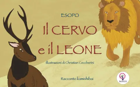 La cerva vanitosa e il leone, protagonisti di un racconto kamishibai di Esopo. Illustrazioni di Christian Ceccherini.