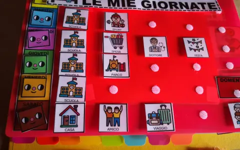 Un'agenda visiva per l'autismo con icone per scuola, sport, spesa, medico, parco, festa, casa, amici e viaggio.