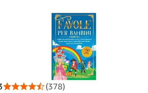 Copertina di "Favole per Bambini", con principessa, pirata, elfo e sirena. Un libro pieno di storie per bambini piccoli, con un castello e un arcobaleno.
