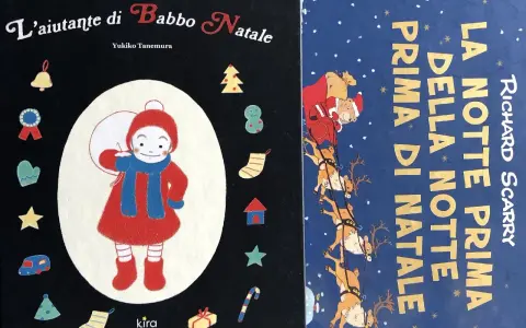 Copertine di libri natalizi: "L'aiutante di Babbo Natale" con un bambino e simboli festivi, e "La notte prima di Natale" con un orso su una slitta trainata da renne.