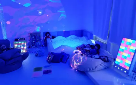 Stanza sensoriale autismo con piscina di palline, luci soffuse, pupazzi e pannelli interattivi per stimolare i sensi.