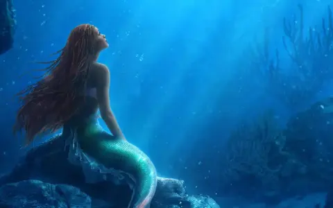 La sirenetta storia breve: una giovane sirena dai capelli rossi guarda verso l'alto, sognando il mondo di sopra, seduta su una roccia sottomarina.