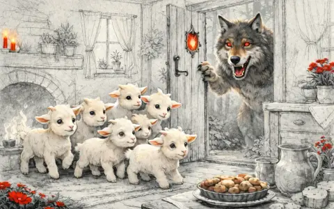 Il lupo cattivo spia i sette capretti innocenti, pronti a fare uno spuntino.