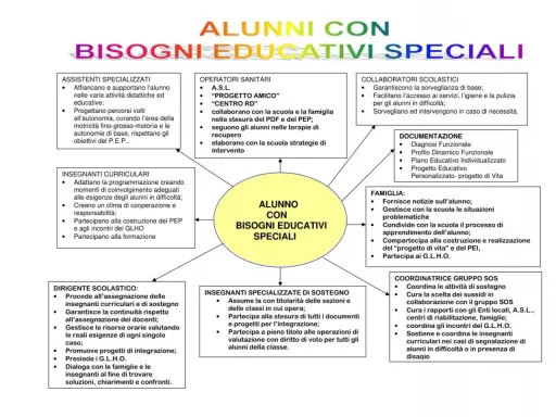 Schema che illustra cos'è un alunno con bisogni educativi speciali e chi collabora per il suo supporto: insegnanti, operatori sanitari, famiglia, ecc.
