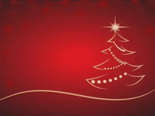 Un albero di Natale stilizzato con luci e una stella in cima, su uno sfondo rosso con fiocchi di neve. Una storia sul Natale.