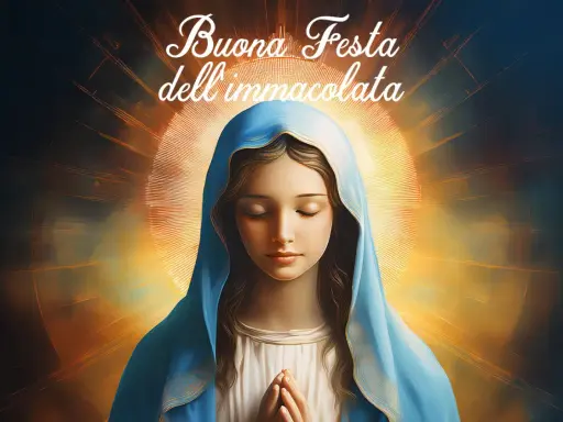 Buona Festa dell'Immacolata. La Vergine Maria, con il capo velato di blu, prega con le mani giunte, circondata da un'aura luminosa.