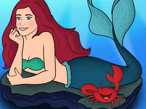 Ariel sirenetta, con la sua coda blu e i capelli rossi, riposa su una roccia, mentre un granchietto sorride accanto a lei.