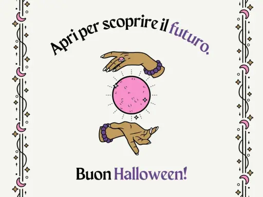 Mani che sfiorano una sfera di cristallo rosa, con la scritta "Apri per scoprire il futuro". Perfetto per frasi per Halloween in rima! Buon Halloween!
