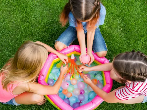 Bambini di 6 anni si divertono con giochi d'acqua in giardino, perfetti per un compleanno estivo.