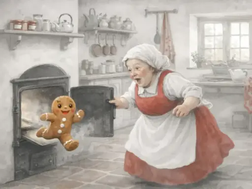 L'omino di pan di zenzero fugge dal forno, sorpreso dalla nonna. Una scena da favole per bambini.