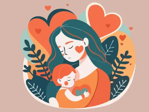 Abbraccio tra madre e figlio, un'immagine che evoca frasi sui bambini che crescono, con cuori e foglie che simboleggiano amore e crescita.